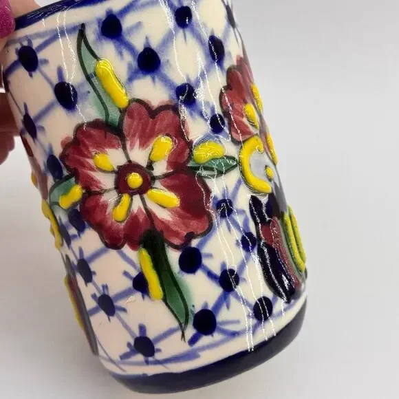 Handmade Mexican Talavera Pottery Highball Glasses Tumblers Set of 2 Floral - Picture 4 of 7